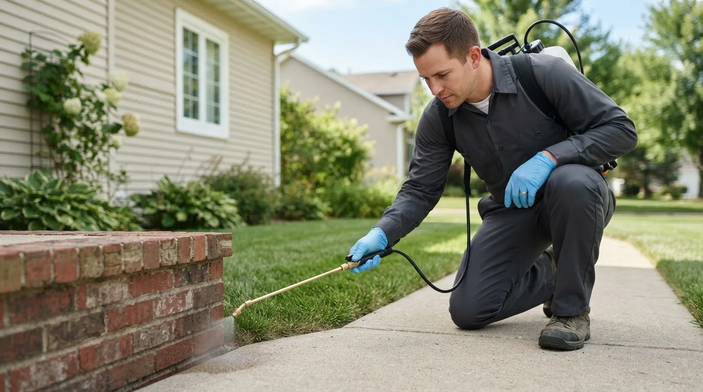 Pest control technician treating a home near Dinuba, CA